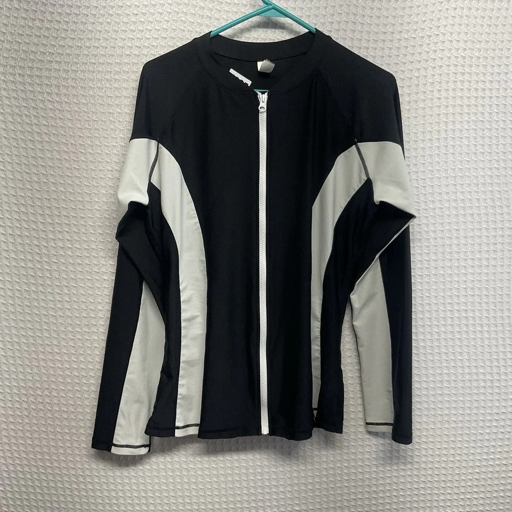 ATTRACO Black and White Color-Block Long Sleeve Swim Shirt UPF50+ Rash guard XL